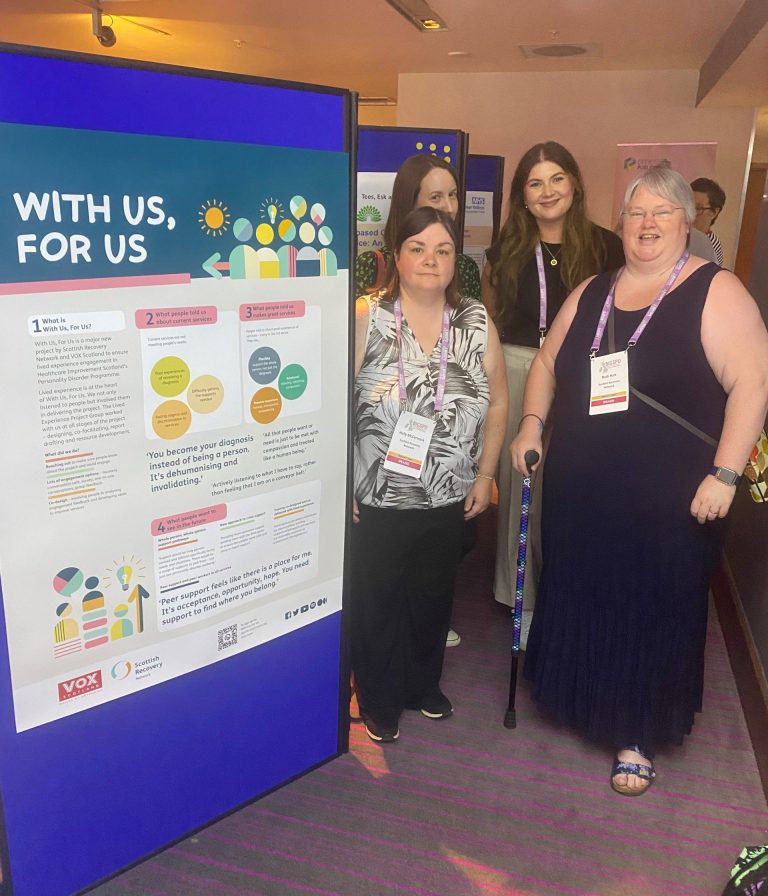 Some members of the Lived Experience Project Group standing next to the With Us, For, Us conference poster.